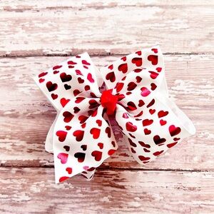 Valentine's Day Girls large grosgrain ribbon hair bow red metallic hearts clip